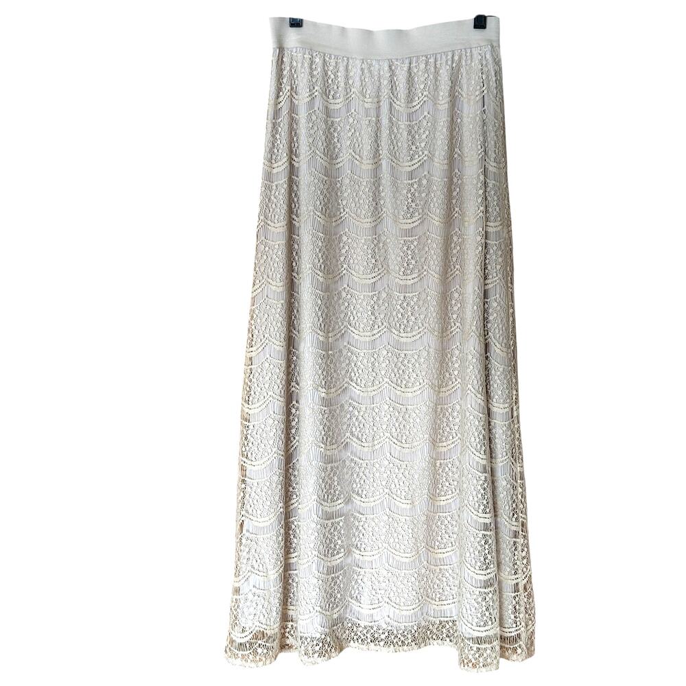 Beige Lace Overlay Maxi Skirt‎ Boho Cottagecore Romantic Elastic Waist M